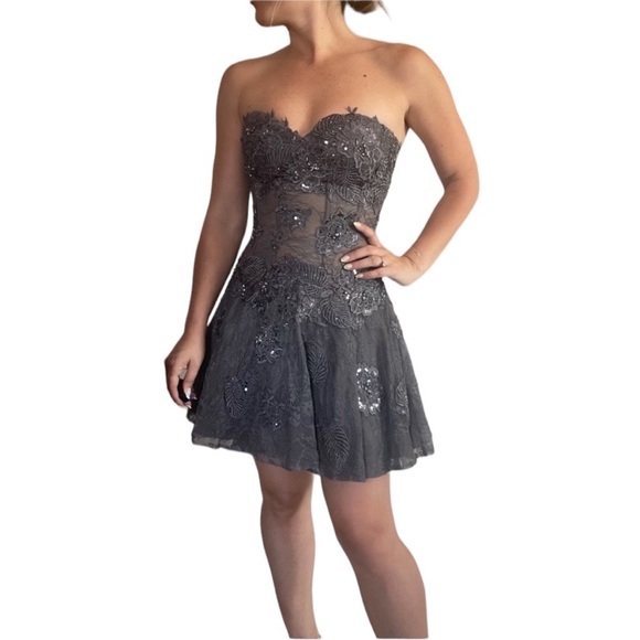Jovani Strapless Mini Dress Charcoal - Picture 3 of 5